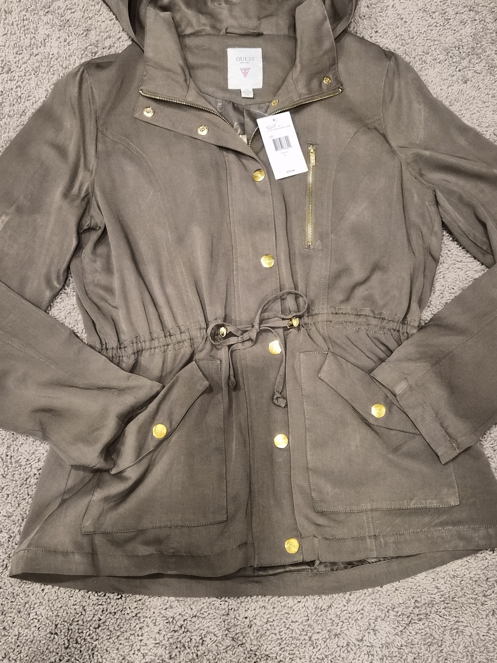 GUESS Olive Utility Drawstring Jacket with Gold Hardware